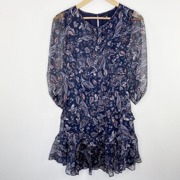 1. State Blue Paisley Print Ruffle Long Sleeve Midi Dress Sheer Boho Women 4 - Picture 1 of 9